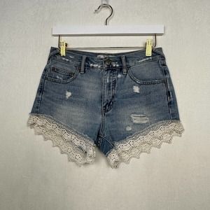 Free People Women's Size 25 Blue Denim Crochet Lace Hem Jean‎ Shorts